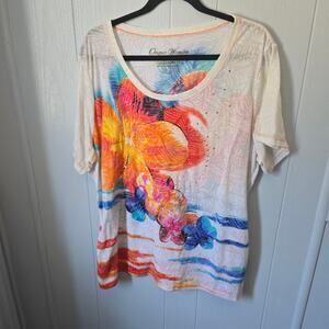 Onque Woman Floral Embellished Top 2X – Tropical, Boho, Sparkly Resortwear